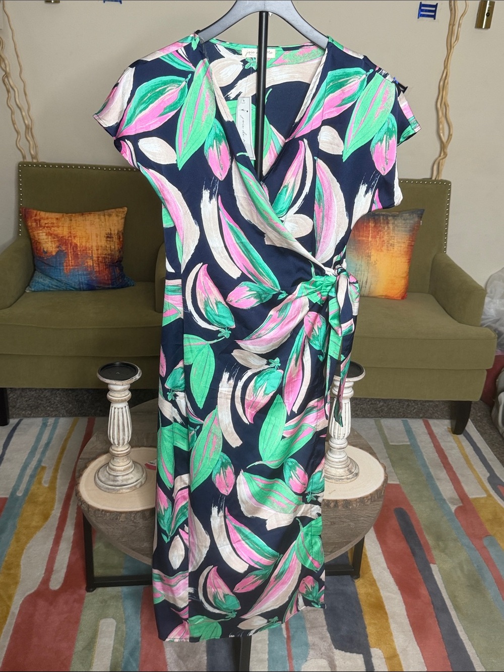 Floral Wrap Midi Dress in Navy, Pink & Green